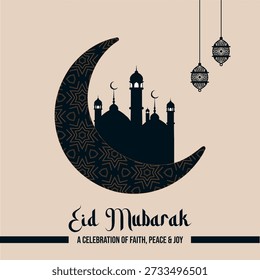 Elegante Mínimo Eid Mubarak Crescent Lua e Mesquita Projeto de Cartão de Saudação Islâmico