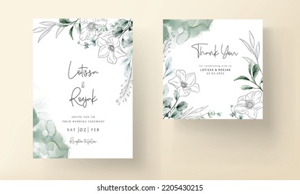 elegant minimal flower with watercolor wedding card template