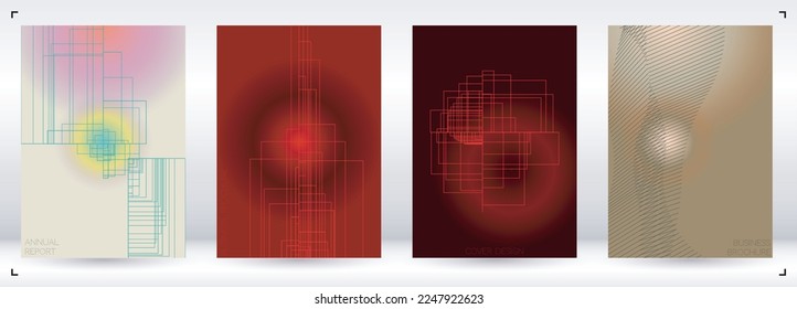 Elegante diseño de póster de vectores geométricos mínimos con líneas y círculos coloridos gradientes. Conjunto de fondos abstractos para portadas, volantes, plantillas, folletos, tarjetas, folletos, promoción de marca, etc.