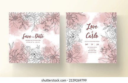Elegant minimal hand drawn floral wedding invitation template