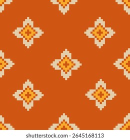 Elegant and minimal ikat design featuring soft pixelated diamond motifs on a solid orange background. Modern yet culturally inspired.