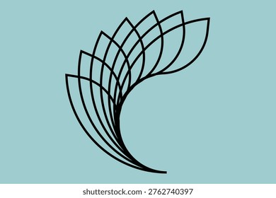 Elegant minimal leaf design created with smooth flowing black lines forming a layered organic shape. This modern line art illustration combines natural inspiration with geometric precision, symbolizing growth, balance, and sustainability. Perfect for logos, eco branding, wellness themes, backgrounds, and contemporary graphic design projects.