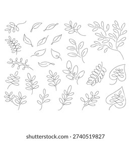 Elegant minimal leaf line art set featuring hand drawn botanical branches and foliage outlines. Perfect for wedding invitations, logo design, branding, packaging, wall art, greeting cards and aesthetic social media graphics. Clean and fully editable vector illustration.