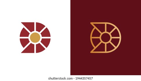 elegant minimal letter D logo with sunlight element, simple D sun monogram, abstract astronaut helm logo vector template