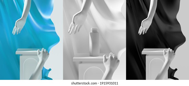 Elegant minimal podium scene for product presentation or placement with beautiful realistic marble hand gesture decoration and colorful wavy cloth background vector