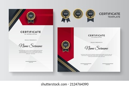 Elegant minimal red, black and gold Certificate template for appreciation, award, graduation, school, honor diploma and much more
