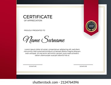 Elegant minimal red, black and gold Certificate template for appreciation, award, graduation, school, honor diploma and much more