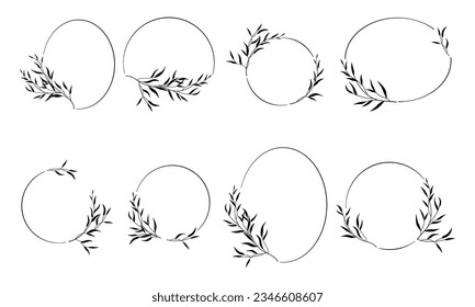 Elegant minimal round line border frames with branch and leaves. Floral monogram frames. Vector isolated illustration for labels, logo, branding business identity, wedding invitation cards