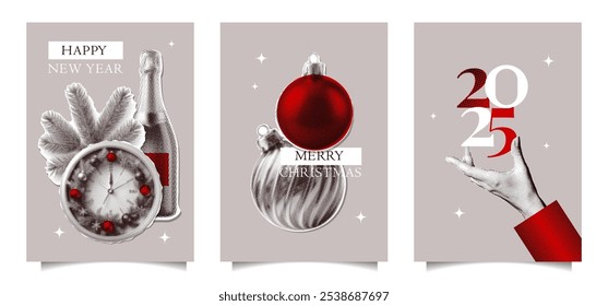 Elegant minimal Set of festive Christmas retro posters with halftone elements hand, champagne, xmas tree balls and clock. Trendy vector templates with photocopy effect for greeting card, invitation.