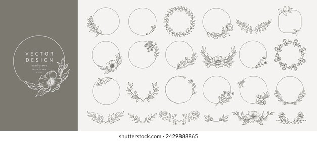 Elegant minimal style floral circle frame. Hand drawn botanical round borders and wreaths with branches, leaves and flowers in line art. Vector isolated set for wedding invitation, card, logo design