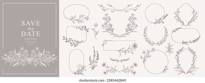 Elegant minimal style floral frame set. Hand drawn botanical borders and wreaths with branches, leaves and flowers in line art. Vector for wedding invitation, save the date card, logo design, monogram