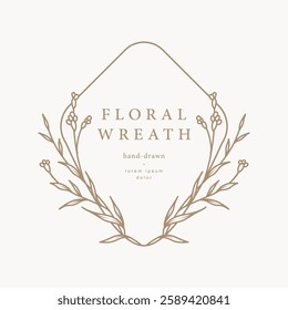 Elegant minimal style floral frame. Hand drawn botanical border and wreaths with branches, leaves and flowers in line art. Vector for wedding invitation, save the date card, logo design, monogram