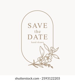 Elegant minimal style floral frame. Hand drawn botanical logo template with branches, leaves and flowers in line art. Vector for wedding invitation, save the date card, logo design, monogram