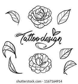 elegant minimal tattoo sketch design element for women . black line art contour outline work isolated on white . bud rose flower and leaf vector illustration