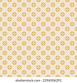 Elegant minimal vector geometric floral seamless pattern. Simple minimalist ornament with small flower silhouettes. Abstract yellow and beige vintage background. Repeat retro design for decor, fabric