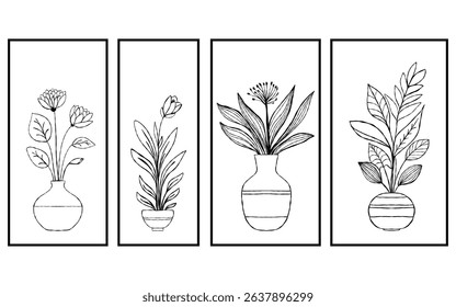 Elegant minimal vector illustration of vases with decorative branches, flowers, and leaves. Clean black and white line art in a modern boho style. Ideal for wall art, posters, home decor.