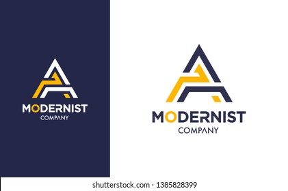 Elegant minimal Vector A Logo in two colour variations. Premium Logotype design for modern company branding. Simple and stylish identity design in blue and yellow.
