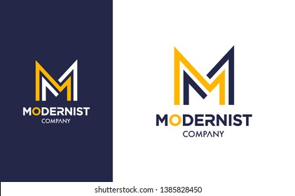Elegant minimal Vector M Logo in two colour variations. Premium Logotype design for modern company branding. Simple and stylish identity design in blue and yellow.
