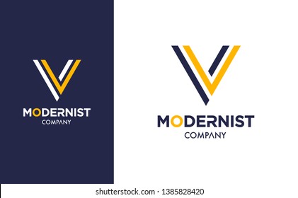 Elegantes, minimales Logo der Vektorillustration V in zwei Farbvarianten. Premium-Logotype-Design für modernes Unternehmensmarken. Einfaches und stilvolles Design in Blau und Gelb.

