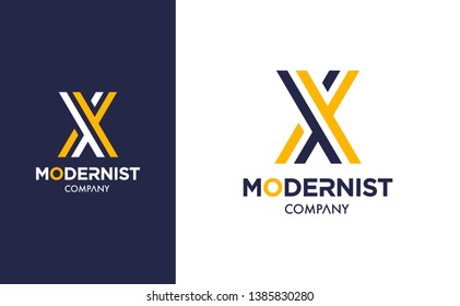 Elegant minimal Vector X Logo in two colour variations. Premium Logotype design for modern company branding. Simple and stylish identity design in blue and yellow.
