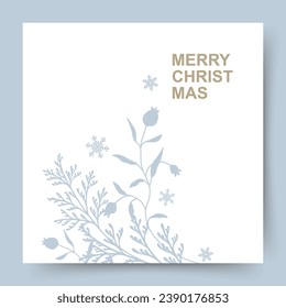 Elegant minimal winter holiday template with hand drawn Christmas tree branches, berries and snowflakes in pastel neutral colors. Vector for greeting card, cover, banner, social media