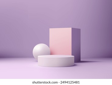 Elegant Minimalist 3D Scene Featuring White Podium, Pink Cube, and White Sphere with Purple Background for Modern Branding