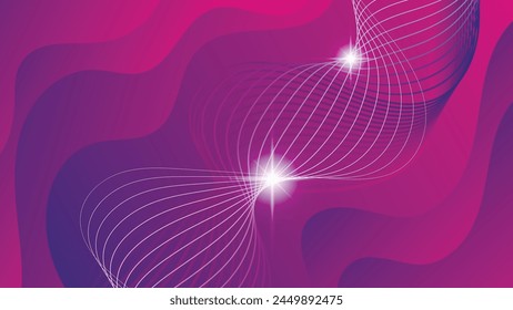 Elegant minimalist abstract wallpaper in pink and raspberry tones. Flashes of light, intertwining wavy lines against a backdrop of overlapping abstract translucent shapes and mixing of colors. Vector.