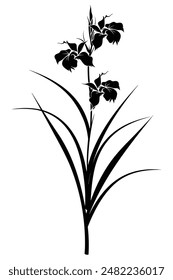 Elegant and minimalist black iris flower silhouette with blooming leaves, ideal for stylish designs