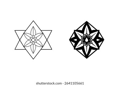 Elegant minimalist black and white geometric floral designs for decorative and spiritual projects