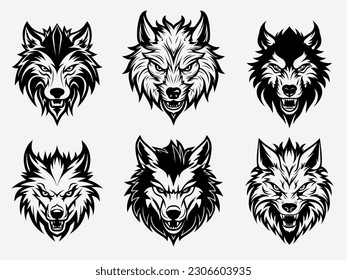 An elegant and minimalist black and white illustration of a wolf head set, capturing the essence of its wild and majestic nature with clean lines and intricate patterns