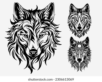 Una elegante y minimalista ilustración en blanco y negro de un conjunto de cabezas de lobo, capturando la esencia de su naturaleza salvaje y majestuosa con líneas depuradas y patrones intrincados