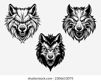 An elegant and minimalist black and white illustration of a wolf head set, capturing the essence of its wild and majestic nature with clean lines and intricate patterns