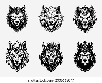 An elegant and minimalist black and white illustration of a wolf head set, capturing the essence of its wild and majestic nature with clean lines and intricate patterns