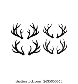 Elegant and minimalist black and white silhouette illustration showcasing diverse deer antler designs. This vector graphic features a 