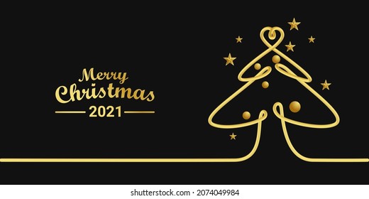 Elegant and minimalist christmas background 2021 with line art gold pine tree and star. 