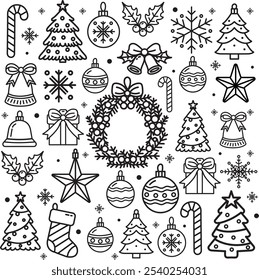 Elegant Minimalist Christmas Holiday Outline Icon Set – Seamless Pattern with Festive Trees, Ornaments, Snowflakes, and Winter Decorations