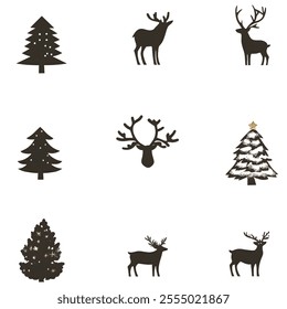 Elegant Minimalist Christmas Trees and Reindeer Silhouettes in Monochrome Style