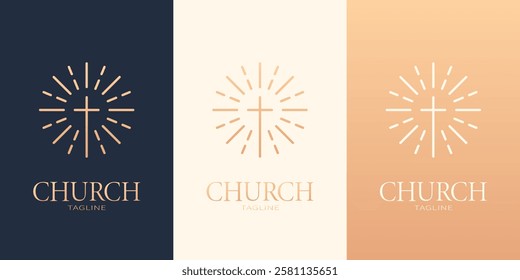 Elegant minimalist church logo. Cross with radiant light beams in three color variations. Religious emblem in three color variations for logo and branding design.