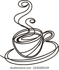 Elegant minimalist coffee cup design with steam drawn in a continuous black outline