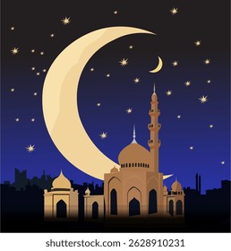 
Elegant and minimalist crescent moon and mosque silhouette under a starry night for Eid.

