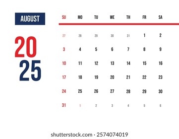 Elegant minimalist design calendar august 2025