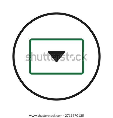 An elegant minimalist design featuring a downward-pointing triangle arrow inside a green bordered rectangle which is enclosed by a circular frame. The graphic represents a clear direction, such as a