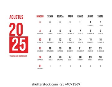 Elegant minimalist design indonesian calendar august 2025