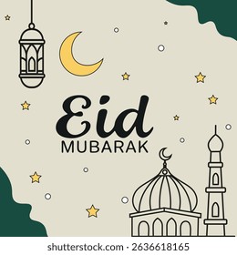Elegant minimalist Eid Mubarak greeting with mosque outline, crescent moon, lantern, and stars. Ideal for Islamic holiday cards, social media, and festive Muslim celebration designs.