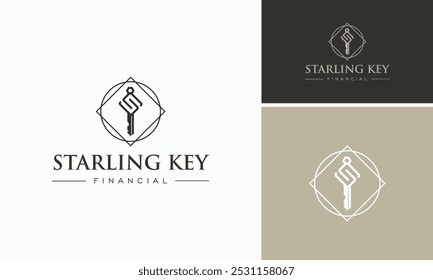 Elegant and minimalist financial logo design with a geometric key symbol. Perfect for finance, investment, banking, or corporate branding. High-quality vector template for professional business use.