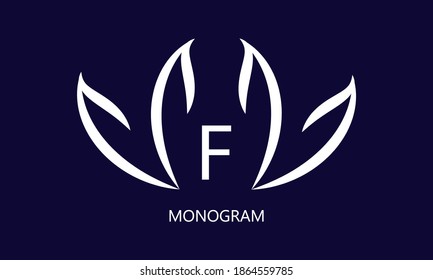 Elegant minimalist floral logo with the letter F in white on a dark background. Exquisite business sign, monogram identical to restaurant, boutique, hotel, jewelry.