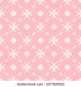 Elegant minimalist floral pattern in pink and beige colors. Subtle abstract geometric texture with small flowers, crosses, circles, triangles. Simple repeat background. Cute design for girls, babies