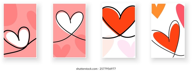 Elegant minimalist heart illustrations with bold lines and soft pink, red, and orange tones. Vector illustration.