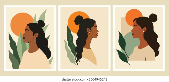 Ilustraciones elegantes y minimalistas de mujeres con exuberantes hojas verdes y un sol abstracto, que capturan una mezcla de estilo moderno y belleza natural en tonos cálidos.