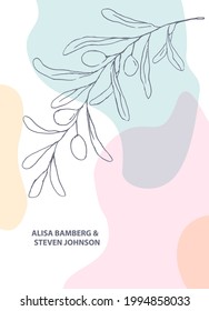 elegant minimalist invitation template, card with modern abstract organic wavy shapes and outlined floral element in pastel color palette